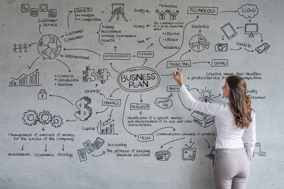 grupa osób przy stole omawiająca mapę myśli rozłożoną na blacie