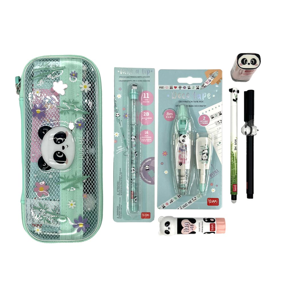 ręce wkładające długopisy i gumki do otwartego zielonego piórnika