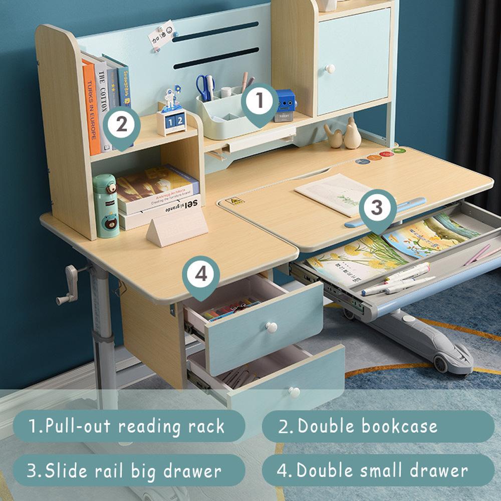 blat biurka z otwieranymi szufladami wypełnionymi pisakami i blokami rysunkowymi