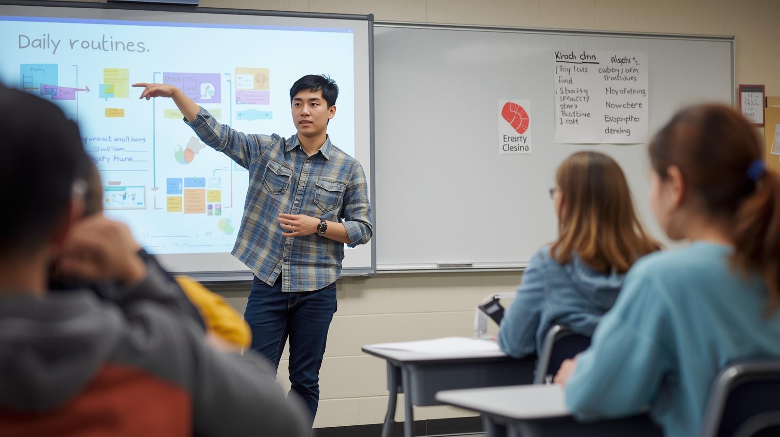 Grupa uczniów dyskutuje nad wydrukowanymi slajdami przy stole w sali lekcyjnej