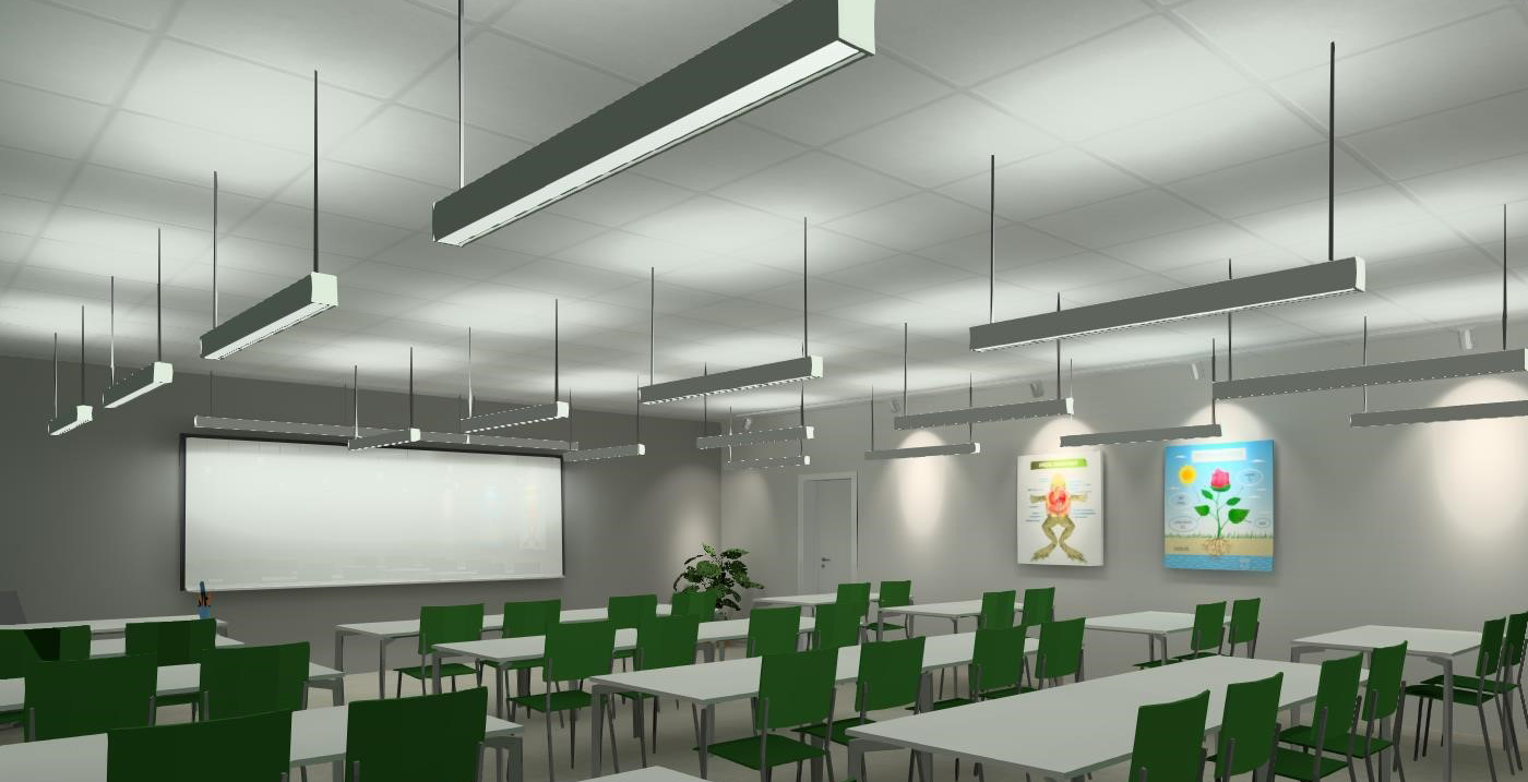 nowoczesna klasa z oknami i roletami regulującymi światło dzienne