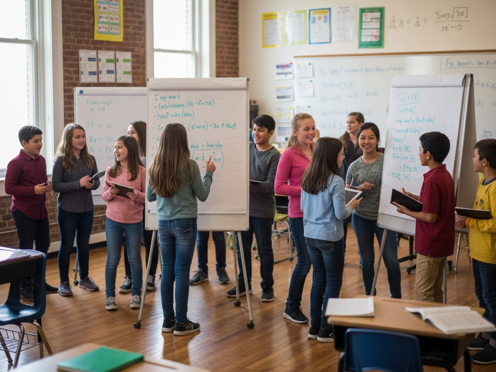 grupa nastolatków dyskutująca nad arkuszem z narysowanymi pomysłami projektu