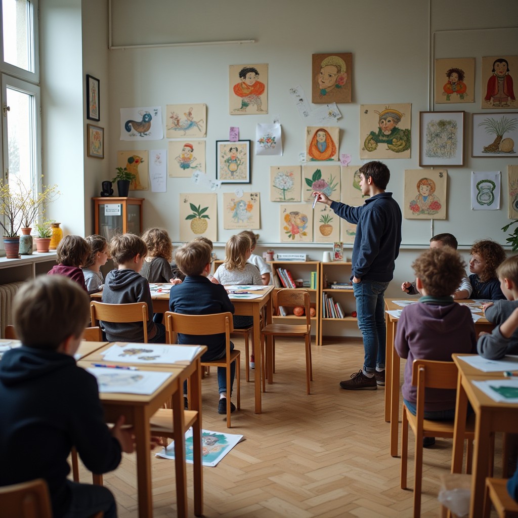 dzieci jedzą zdrowy lunch przy stolikach w szkolnej stołówce w Finlandii