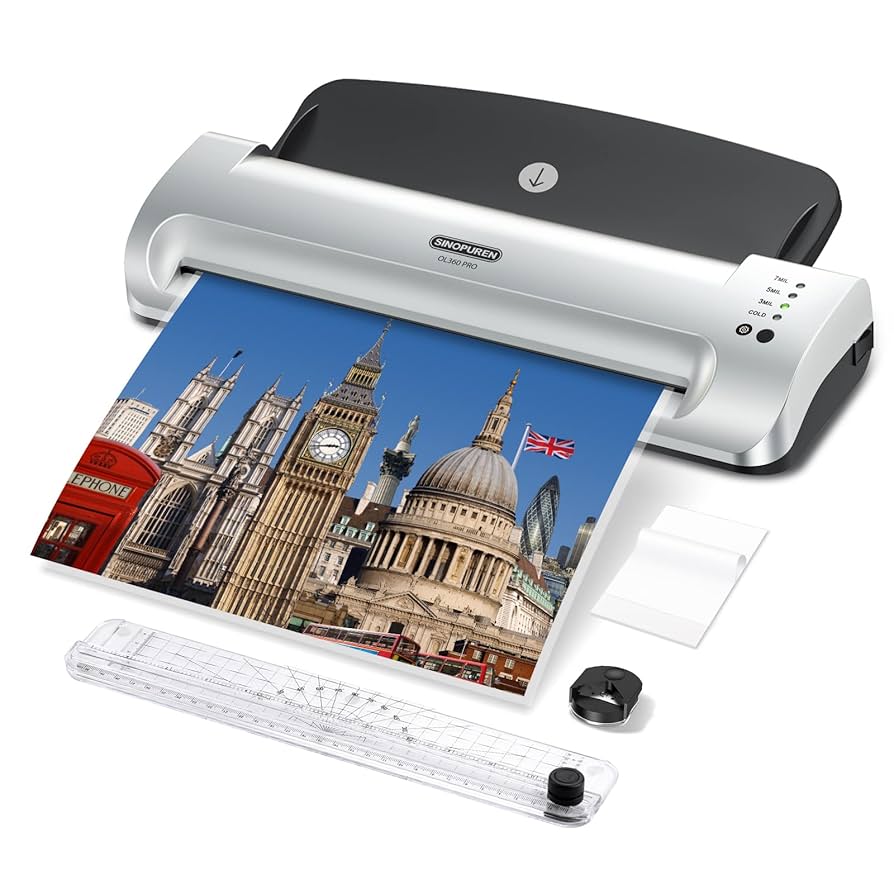 laminator A4 laminujący plakat z flagami państw na szkolnym biurku