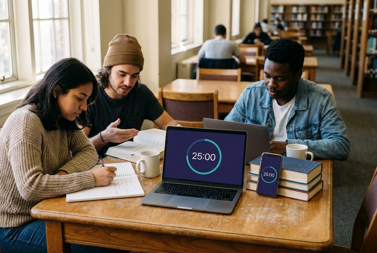 plan nauki z metodą Pomodoro ekran laptopa z otwartym zegarem Pomodoro i kalendarzem